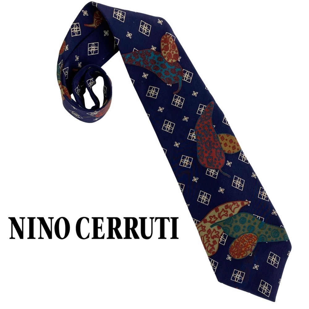 Nino Cerruti, Vintage Mens 100% Silk Crepe Tie Navy Blue Geometric Abstract